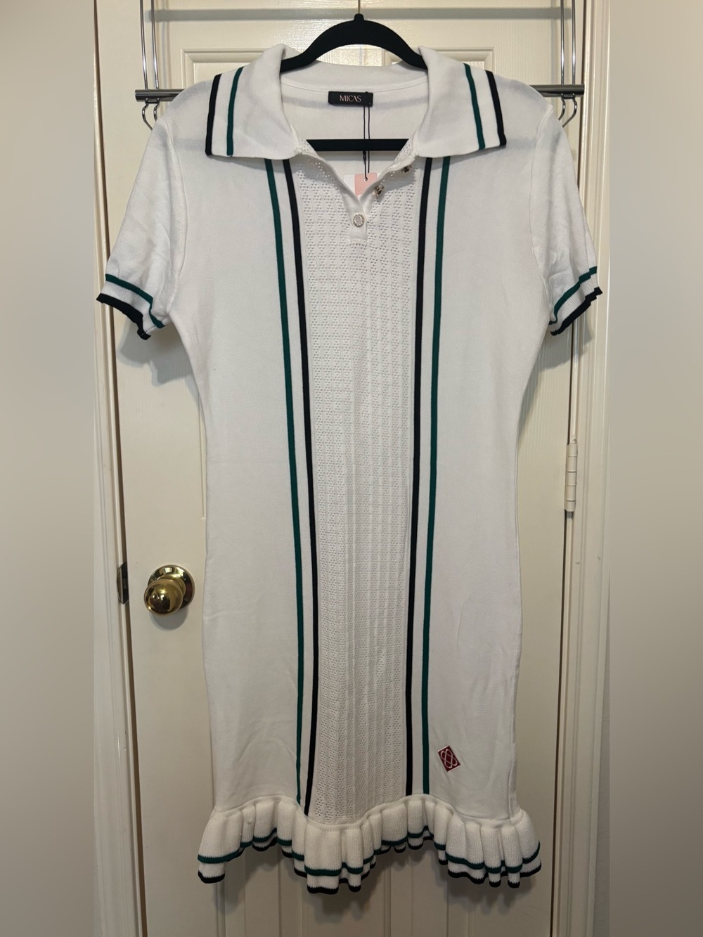 Micas White Knit Polo Mini Dress with Green & Black Stripes